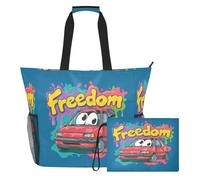 famyily Cartoon Car Freedom robuste borse da viaggio per le donne con cerniera e tasche in rete, 2 pezzi weekender durante la notte per piscina, crociera, spiaggia vacanza