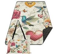 famyily Coperta da esterno per erba senza sabbia, coperta portatile per feste, 203 x 305 cm, per oggetti da picnic a terra, fiori, farfalle, cuori e uccelli