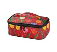 famyily Grande sfondo rosso con tulipani colorati su di esso borse per il pranzo per gli uomini borsa termica per il pranzo per ragazze borsa termica per il pranzo resistente all'acqua
