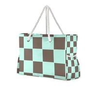 Famyily - Grandi borse a scacchi a prova di sabbia, colore verde menta e marrone con tasche laterali, grande borsa per weekend, oggetti essenziali da viaggio, regali da spiaggia, regali da spiaggia
