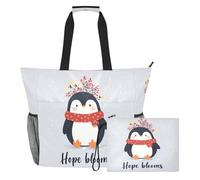 famyily Hope Blooms Penguin - Borsa tote portatile robusta con cerniera e tasche in rete, 2 pezzi, borsa per il fine settimana per giocattoli, asciugamani, viaggi, crociera