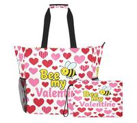 famyily Humorous Bee My Valentine - Borsa tote da donna robusta con cerniera e tasche in rete, 2 pezzi, borsa per la notte per giocattoli, borsa da piscina, accessori da spiaggia