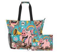 famyily Mud Pig Weird Borsa tote portatile robusta con cerniera e tasche in rete, 2 pezzi borsa per il weekend per giocattoli, asciugamani, viaggi, crociera