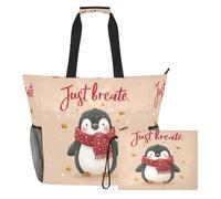 famyily Penguin Winter Christmas Sandproof Large Work Tote con cerniera e tasche in rete, 2 pezzi, borsa per il fine settimana per piscina, crociera al mare vacanze