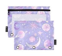 famyily Raccoglitore impermeabile con motivo pianeta stella pesca e viola, con anelli trasparenti e finestrella trasparente, astuccio grande e robusto, 3 pezzi, per scuola, ufficio e casa, multicolore