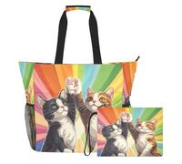 famyily Rainbow Cute Cats - Borsa grande con cerniera e tasche in rete, 2 borse per il fine settimana, per viaggi e palestra