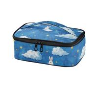 Famyily - Sfondo in pelle bovina blu con poche nuvole bianche e stelle gialle che galleggiano sopra e un coniglio bianco sotto la borsa per il pranzo da uomo, mini pranzo