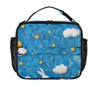 famyily Sfondo in pelle bovina blu con poche nuvole bianche e stelle gialle galleggianti sopra e un coniglio bianco sotto borsa per il pranzo per ragazzi a prova di perdite scatole per il pranzo con