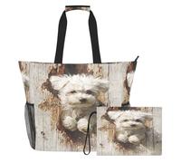 famyily Simpatico 3D cane maltese in legno bianco robusto borse da viaggio per donne con cerniera e tasche in rete, 2 pz weekender pernottamento per piscina, crociera spiaggia vacanza