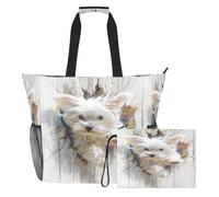 famyily Simpatico cane maltese da corsa 3D bianco robusto borse da viaggio per donne con cerniera e tasche in rete, 2 pezzi weekender pernottamento per piscina, crociera spiaggia vacanza