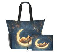 famyily Sleeping Cute Cat Moon - Borsa tote robusta di grande capacità con cerniera e tasche in rete, 2 pezzi da spalla Weekender durante la notte per giocattoli, asciugamani, viaggi, crociera
