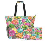 famyily Succulents - Borsa tote con cerniera e tasche in rete, di grande capacità, con cerniera e tasche in rete, 2 grandi borse da weekend per piscina, crociera, spiaggia e vacanze