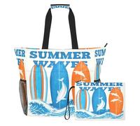 famyily Summer Waves Board Dolphin - Borsa tote con cerniera e tasche in rete, grande capacità, 2 pezzi, per piscina, crociera, spiaggia, vacanze