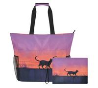 famyily Sunset Black Cat Borsa tote robusta di grande capacità con cerniera e tasche in rete, 2 pezzi da spalla Weekender durante la notte per giocattoli, asciugamani, viaggi, crociera