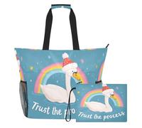 famyily Trust The Process Swan - Borsa da lavoro grande con cerniera e tasche in rete, 2 pezzi, borsa per il fine settimana per piscina, crociera, vacanza al mare