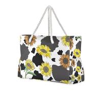 famyily Vector Nero Bianco Mucca Girasoli Fiore Sandproof Totes Per Lavoro con tasche laterali Borsa Donne con portabicchieri sul lato