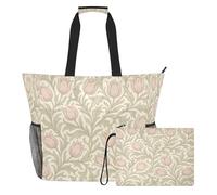 famyily William Morris - Borsa larga robusta con cerniera e tasche in rete, motivo tulipani, 2 pezzi, per viaggi, palestra
