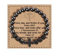 FANCIBAND Bracciale con croce da uomo e ragazzo, con perle ossidiana da 8 mm, regalo cristiano, da uomo, cresima, comunione, Pasqua, compleanno, giorno del Ringraziamento Natale, 8 pouces, Pietra, Non