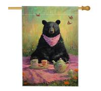 Fanciful Bandiera da giardino con orso nero, sciarpa color pesca, decorazione per l'ora del tè, striscione in iuta su entrambi i lati per la decorazione primaverile all'aperto 71 x 101 cm
