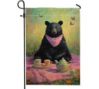 Fanciful Bandiera da giardino con orso nero, sciarpa color pesca, decorazione per l'ora del tè, striscione in iuta su entrambi i lati per la decorazione primaverile all'aperto 30,5 x 45,7 cm