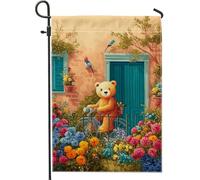 Fanciful Bear - Bandiera da giardino in bicicletta, motivo orso arancione in bicicletta in giardino floreale in fiore, striscione su entrambi i lati, decorazione stagionale per prato all'aperto