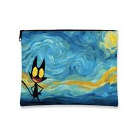 Fanciful Cat Makeup Pouch, Artistic Starry Night Cosmetic Travel Bag per donne, organizer portatile in tela con cerniera, borsa per la cura della pelle quotidiana, Blu, 7x9 Inch, Custodia