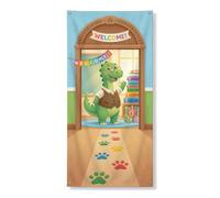 Fanciful Dinosaur Welcome Door Covers 91,4 x 182,9 cm | Ingresso ad arco, sfondo porta d'ingresso, traccia di impronte di zampe, libri impilati, blocchi di alfabeto colorati