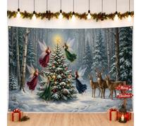 Fanciful Fairy Christmas Forest Scene Fairies Sfondo Banner 180,3 x 109,2 | Paesaggio della foresta invernale, sfondo fotografico, sempreverde spolverato di neve, cervi del bosco, mitiche figure alate