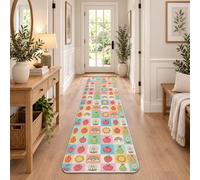 Fanciful Fruit Grid Pattern Fragola Runner Tappeto 2x8 | Motivo a griglia gioioso, runner per tappeti, icone fantasiose di frutta, combinazione di colori pastello