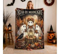 Fanciful Ghost Reading Autumnal Quote Ghosts Throw Blanket 101 x 127 cm | Accogliente immagine della foresta, coperta di flanella, tema letterario fantasioso, decorazione stagionale autunnale