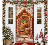 Fanciful Gingerbread Creature Holiday House Door Covers 91,4 x 182,9 cm | Creatura fantasiosa, sfondo per porta d'ingresso, accenti di bastoncini di zucchero, dettagli glassati