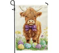 Fanciful Highland Cow Garden Flag, Brown Farm Animal Decor per primavera Pasqua, bandiera bifacciale in iuta da cortile per decorazione esterna prato 30,5 x 45,7 cm