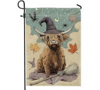 Fanciful Highland Cow Halloween Garden Flag, Brown Witch Cow Home Decor Banner, Double Sided iuta Outdoor Lawn Decoration for Fall Holiday 30,5 x 45,7 cm