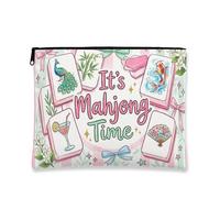 Fanciful Mahjong - Trousse per trucchi e carte, stile vintage, da donna, organizer portatile in tela con cerniera, borsa da toilette divertente per giochi notturni, Pesca, 7x9 Inch, Carta