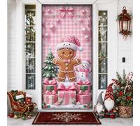 Fanciful Peach Gingerbread Holiday Decor Biscotti Door Covers 91,4 x 182,9 | Fantasioso personaggio di pan di zenzero, striscione portico, sfondo plaid pesca, scena invernale del paese delle meraviglie