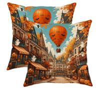 Fanciful Pumpkins - Set di 2 federe per cuscino, 40,6 x 40,6 cm | Scena della città di zucche, federe per cuscini, fantasmi fantasiosi, accenti di foglie autunnali, decorazione per la casa