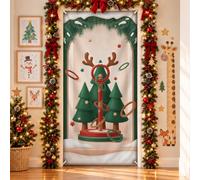 Fanciful Ring Toss Game Theme Christmas Door Covers | Tema interattivo di lancio degli anelli, sfondo della porta d'ingresso, fantasiosa foresta di pini, accenti di corna di renna