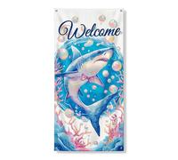 Fanciful Shark Welcome Door Cover Banner, decorazione artistica colorata a tema oceano, cartello di benvenuto estivo per feste interne ed esterne, 91 x 182 cm