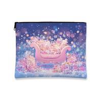 Fanciful Sleigh - Trousse da viaggio per cosmetici, da donna, portatile, piccola con cerniera, per la cura della pelle natalizia, colore: pesca e blu, Pesca, 7x9 Inch, Slitta