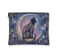 Fanciful - Trousse da viaggio vintage, con motivo gatto e luna, da donna, in tela, con cerniera, organizer per la cura della pelle notturna, nero, 7x9 Inch, Luna