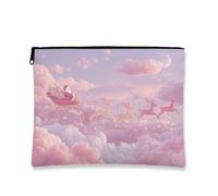 Fanciful Trousse per il trucco, con slitta di Babbo Natale e renna e nuvole di pesca, borsa da viaggio per donne, piccola borsa portatile in tela con cerniera, borsa da toilette per la cura della