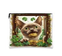 Fanciful - Trousse per trucchi a forma di gatto, con trifoglio, da donna, portatile, con cerniera, organizer da viaggio, per il giorno di San Patrizio, 17,8 x 22,9 cm
