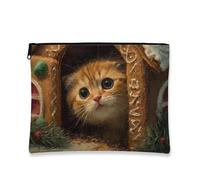 Fanciful - Trousse per trucchi a forma di gatto, stile vintage, a forma di casa di pan di zenzero, da donna, organizer portatile con cerniera, borsa da toilette da viaggio per vacanze, Marrone, 7x9