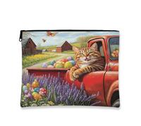 Fanciful - Trousse per trucchi vintage a forma di gatto, con camioncino rosso, borsa per cosmetici pasquale per donne, organizer portatile in tela con cerniera, borsa da toilette primaverile per le