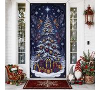Fanciful Winter - Copri porta con albero di Natale e pipistrello, 91 x 183 | Fantasioso tema della foresta, segno della porta d'ingresso, illustrazioni di pipistrelli, motivo invernale della neve