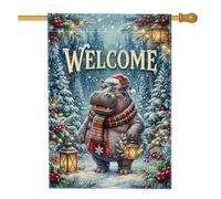 Fanciful Winter Hippo Welcome Quote Christmas House Flag 71 x 101 cm