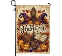 Fanciful Witch Halloween Tema Scopa Bandiera Giardino 30,5 x 45,7 cm | Cappelli da strega, bandiera da cortile, Jack-o'-lantern, libri degli incantesimi, foglie d'acero autunnali, pozioni magiche