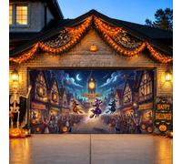 Fanciful Witch Race - Copertura per porta del garage, scena di Halloween | Tema della gara delle streghe, bandiera della porta del garage, impostazione della piazza della città