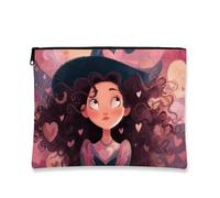 Fanciful Witch - Trousse da viaggio artistica con cuore e capelli ricci da donna, piccola borsa portatile in tela con cerniera, scelta perfetta per Halloween e San Valentino, Pesca, 7x9 Inch, Cuori
