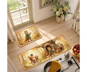 Fanciful Woodland Animal Fall Theme Foxes - Set di 2 tappeti da cucina | Animali della foresta, tappetini da cucina per pavimento, tema bosco, illustrazione del libro di fiabe